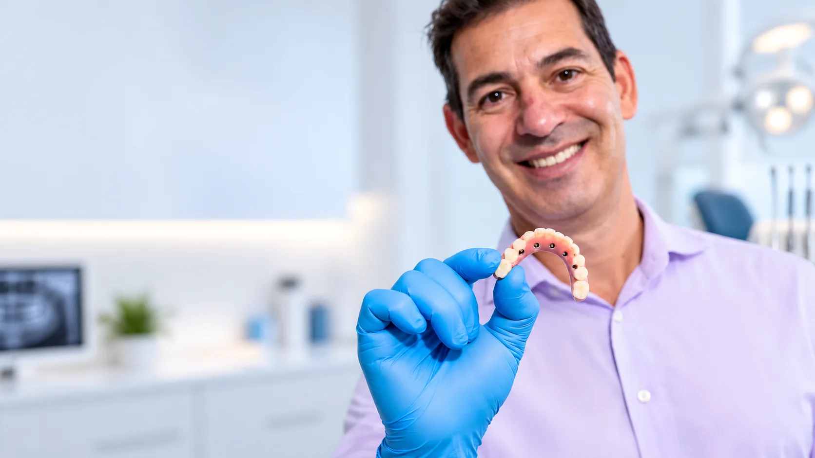 Dr. Marco apresenta uma prótese sobre implantes na clínica